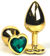 Золотистая анальная пробка с зеленым кристаллом-сердцем - 6,5 см. - 0