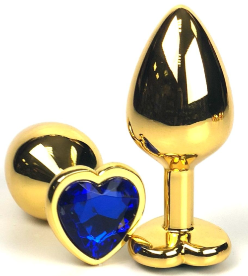 Золотистая анальная пробка с синим кристаллом-сердцем - 8 см. - 0