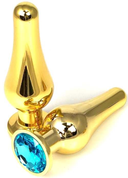 Золотистая удлиненная анальная пробка с голубым кристаллом - 11,5 см. - 0
