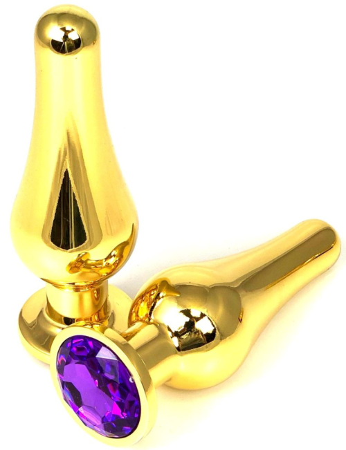 Золотистая удлиненная анальная пробка с фиолетовым кристаллом - 11,5 см. - 0
