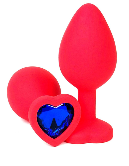 Красная силиконовая анальная пробка с синим стразом-сердцем - 10,5 см. - 0