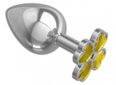 Большая серебристая анальная втулка с жёлтым клевером из кристаллов - 9,5 см. - 0