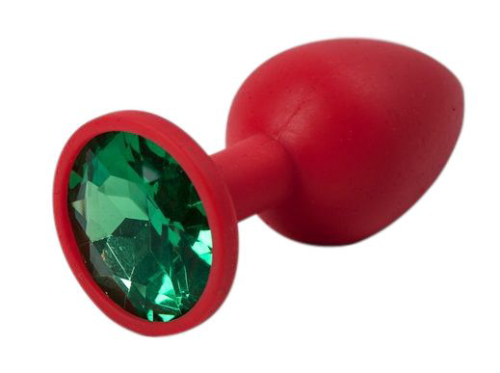 Красная силиконовая анальная пробка с зеленым стразом - 6,8 см. - 0