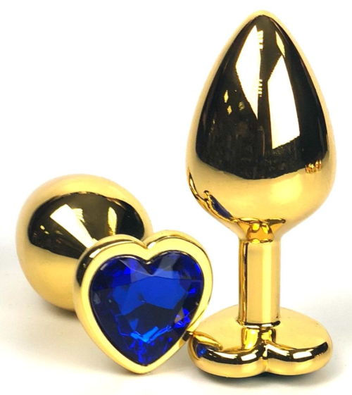 Золотистая анальная пробка с синим кристаллом-сердцем - 6 см. - 0