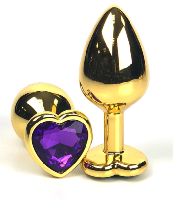 Золотистая анальная пробка с фиолетовым кристаллом-сердцем - 6 см.