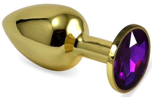 Золотистая анальная пробка с фиолетовым кристаллом - 5,5 см. - 0
