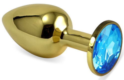 Золотистая анальная пробка с голубым кристаллом - 6,5 см. - 0