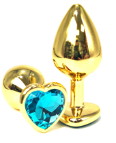 Золотистая анальная пробка с голубым кристаллом-сердцем - 6 см. - 0