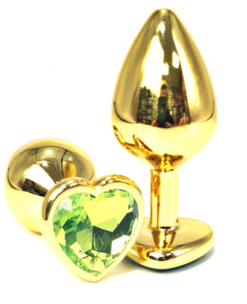 Золотистая анальная пробка с лаймовым кристаллом-сердцем - 6 см.