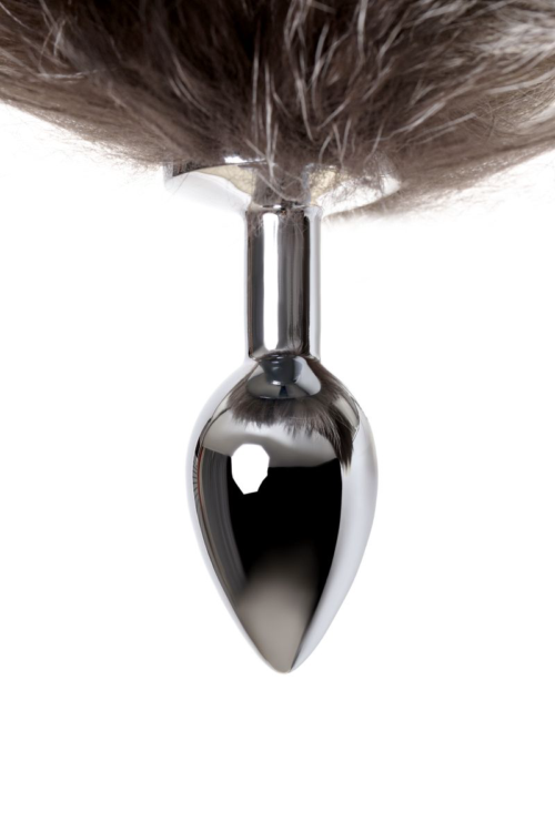Серебристая металлическая анальная втулка с хвостом чернобурой лисы - размер S - 7