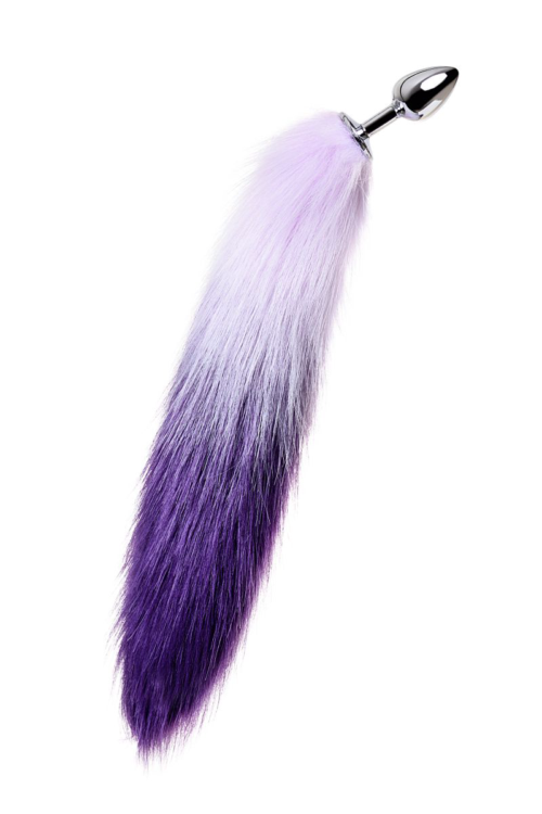 Серебристая металлическая анальная втулка с фиолетово-белым хвостом - размер S - 1