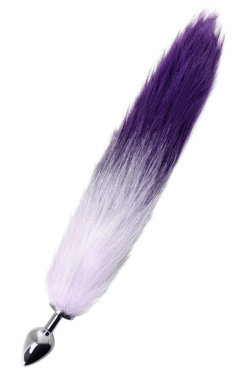 Серебристая металлическая анальная втулка с фиолетово-белым хвостом - размер S - 0
