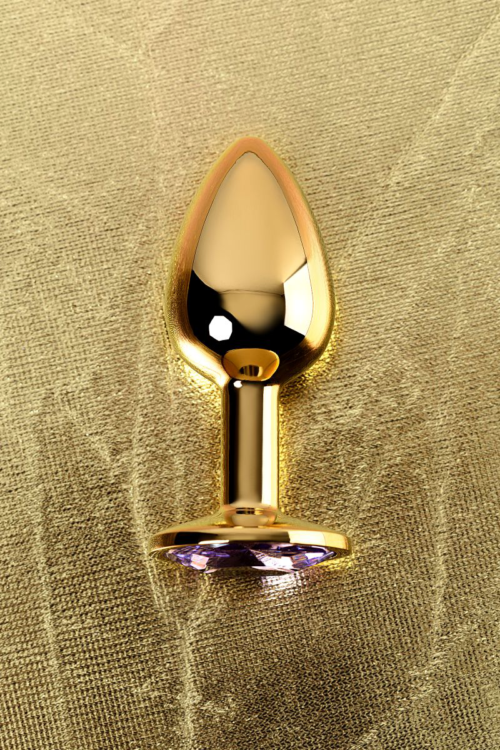 Золотистая коническая анальная пробка с фиолетовым кристаллом - 7 см. - 7