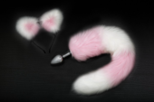 Серебристая анальная пробка с розово-белым хвостиком и ободком-ушками - 0