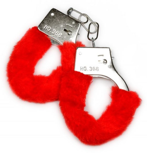 Металлические наручники с красной опушкой и ключиком - 0