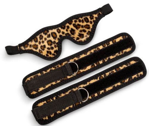 Черно-леопардовый комплект: наручники на липучке и маска без прорезей - 0