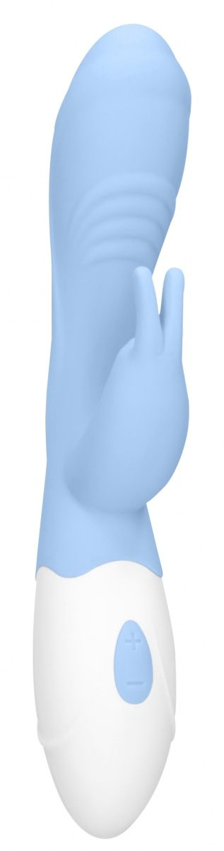 Голубой вибратор Juicy Rabbit со стимулятором клитора - 19,5 см. - 0