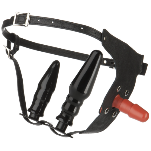 Женский страпон с двумя пробками Vac-U-Lock Set Leather Ultra Harness - 17,8 см. - 1