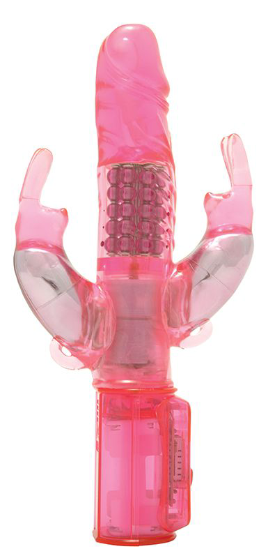 Розовый вибратор с вращающимися шариками и двумя отростками-зайцами - 25 см. - 0