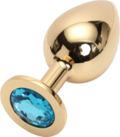 Золотистая анальная пробка GOLDEN PLUG Large с голубым кристаллом - 9,5 см. - 0