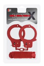 Красные наручники из листового металла в комплекте с веревкой BONDX METAL CUFFS LOVE ROPE SET - 1