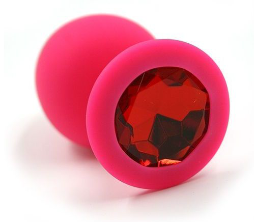 Розовая силиконовая анальная пробка с красным кристаллом - 8,3 см. - 0