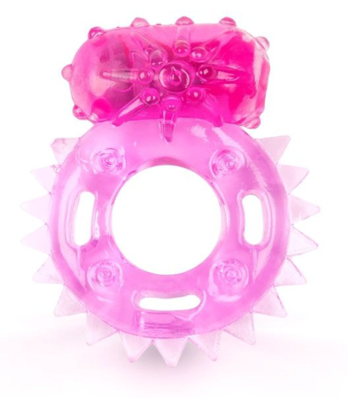 Розовое эрекционное кольцо c шипиками по кругу и вибропулей - 0