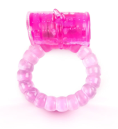 Розовое рельефное эрекционное кольцо с вибропулей - 0