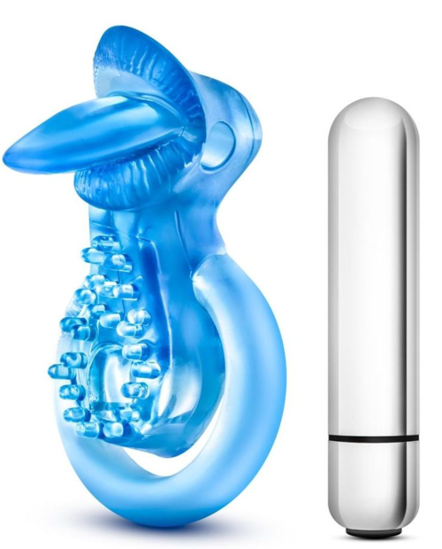 Голубое эрекционное виброкольцо 10 Function Vibrating Tongue Ring - 0