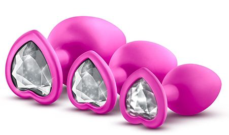 Набор розовых анальных пробок с прозрачным кристаллом-сердечком Bling Plugs Training Kit - 0