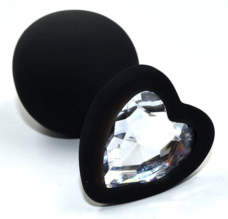 Черная анальная силиконовая пробка с прозрачным кристаллом в форме сердца - 8,8 см. - 0