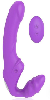 Фиолетовый безремневой страпон с 9 режимами вибрации и пультом ДУ - 0
