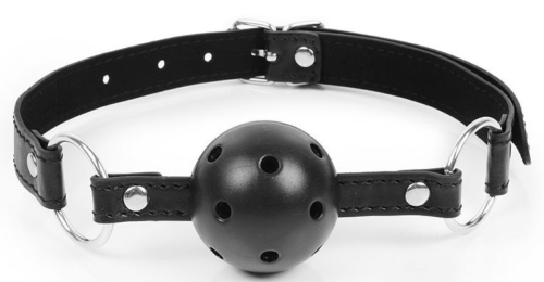 Черный кляп-шарик на регулируемом ремешке с кольцами - 0