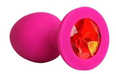 Ярко-розовая анальная пробка с красным кристаллом - 9,5 см. - 0