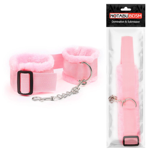 Розовые меховые наручники на регулируемых черных пряжках - 1