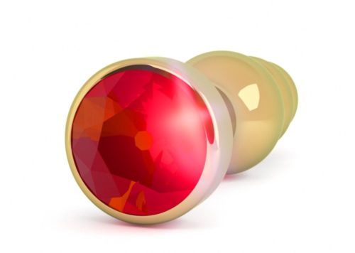 Золотистая анальная пробка-ёлочка с красным кристаллом - 11,5 см. - 1