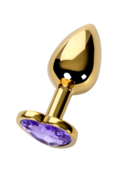 Золотистая анальная втулка с фиолетовым кристаллом-сердечком - 7 см. - 0