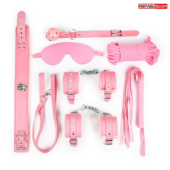 Оригинальный розовый набор БДСМ: маска, кляп, верёвка, плётка, ошейник, наручники, оковы - 0