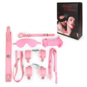 Оригинальный розовый набор БДСМ: маска, кляп, верёвка, плётка, ошейник, наручники, оковы - 1
