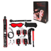 Стильный черно-красный набор БДСМ: маска, кляп, зажимы, плётка, ошейник, наручники, оковы, верёвка - 1