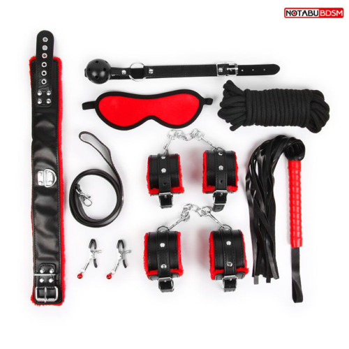Стильный черно-красный набор БДСМ: маска, кляп, зажимы, плётка, ошейник, наручники, оковы, верёвка - 0