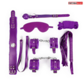 Большой набор БДСМ в фиолетовом цвете: маска, кляп, плётка, ошейник, наручники, оковы, верёвка - 1
