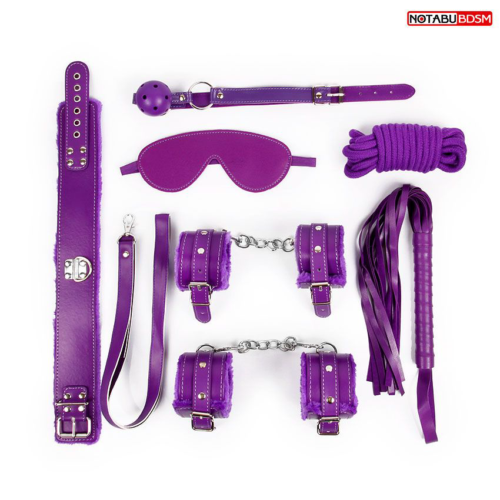 Большой набор БДСМ в фиолетовом цвете: маска, кляп, плётка, ошейник, наручники, оковы, верёвка - 0