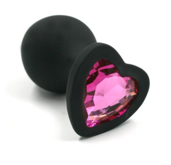Черная анальная пробка из силикона с розовым кристаллом в форме сердца - 8,8 см.