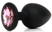 Черная силиконовая анальная пробка с розовым стразом - 9,5 см. - 0