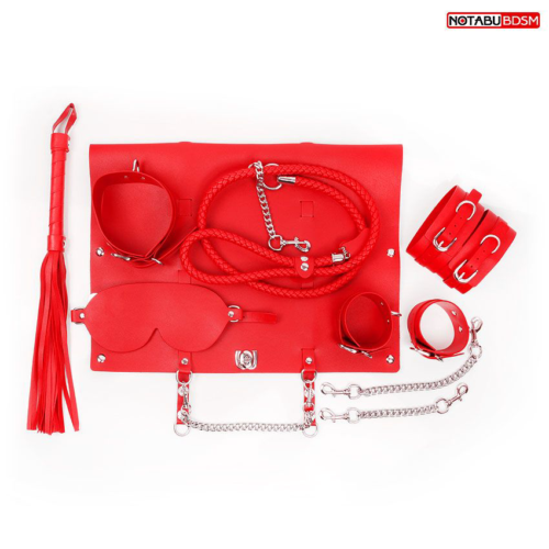 Красный набор БДСМ в сумке: маска, ошейник с поводком, наручники, оковы, плеть - 0