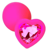 Розовая анальная пробка из силикона с розовым кристаллом в форме сердца - 8,8 см. - 0