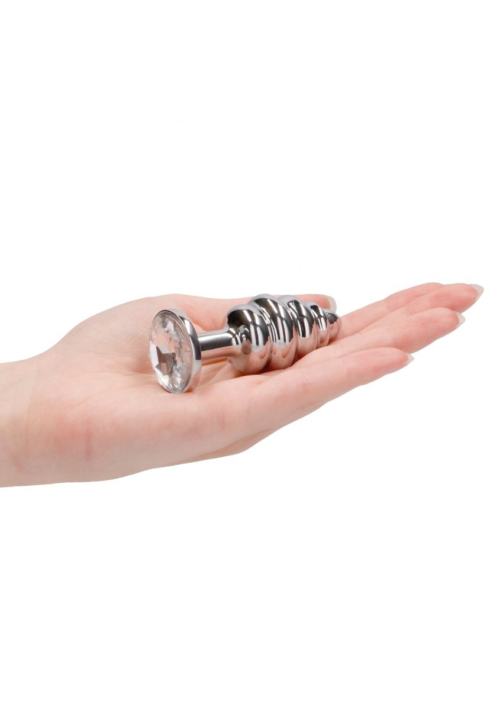 Серебристая анальная пробка с прозрачным кристаллом Ribbed Diamond Plug - 7,3 см. - 1