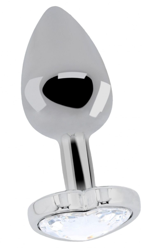 Серебристая анальная пробка Love Heart Diamond Plug с прозрачным кристаллом - 9,4 см. - 0