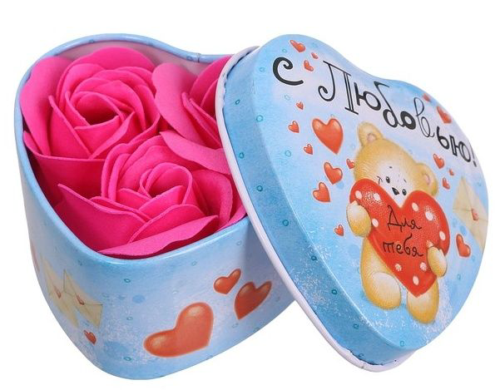 Розовые мыльные розы в шкатулке-сердце С любовью - 3 шт. - 2